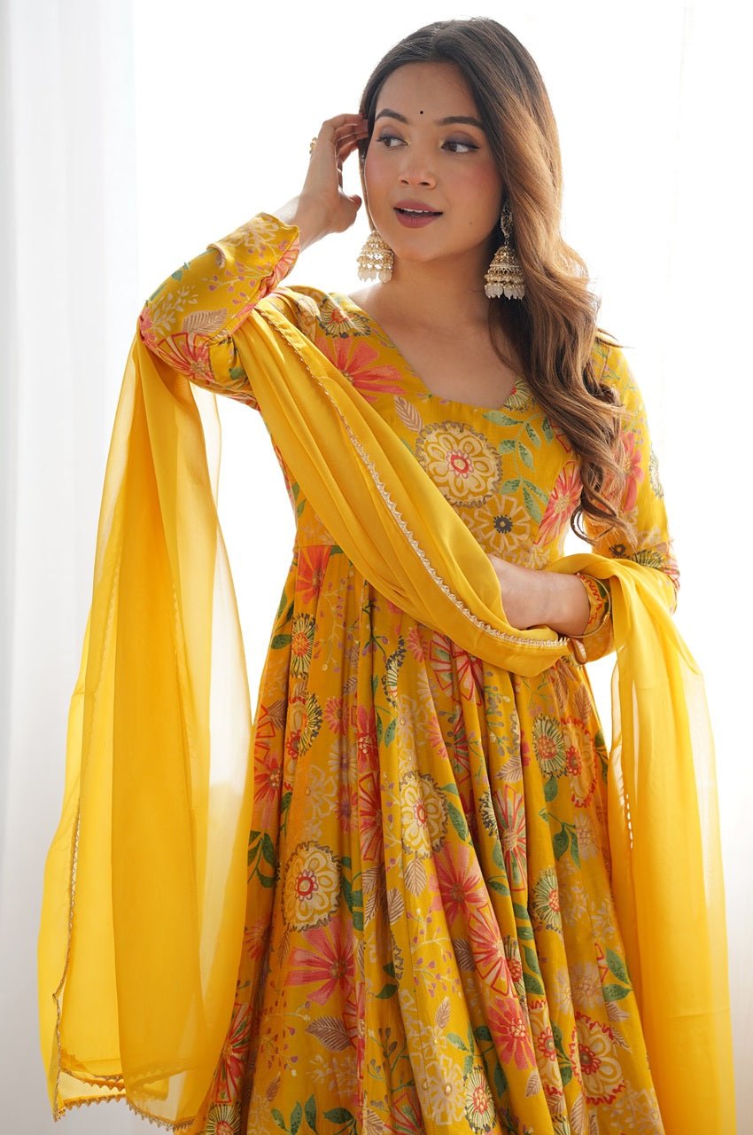 Premium Mustard Yellow Floral Printed Chanderi Silk Kediya
