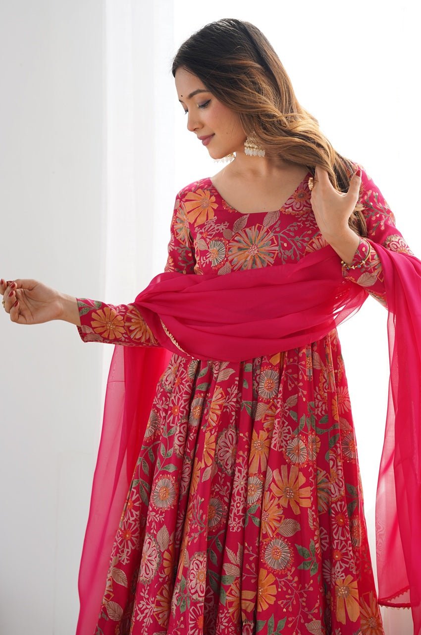 Premium Rani Pink Floral Printed Chanderi Silk Kediya