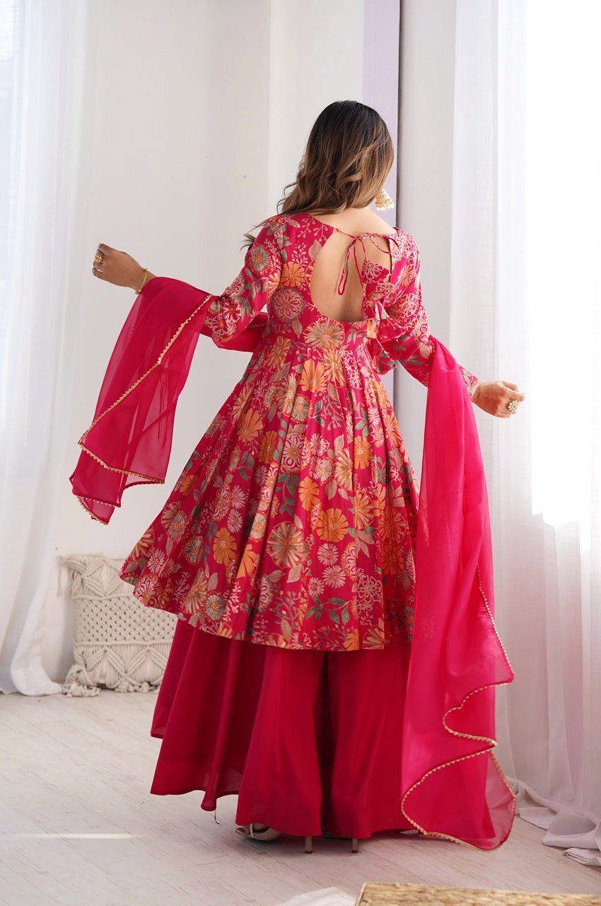 Premium Rani Pink Floral Printed Chanderi Silk Kediya