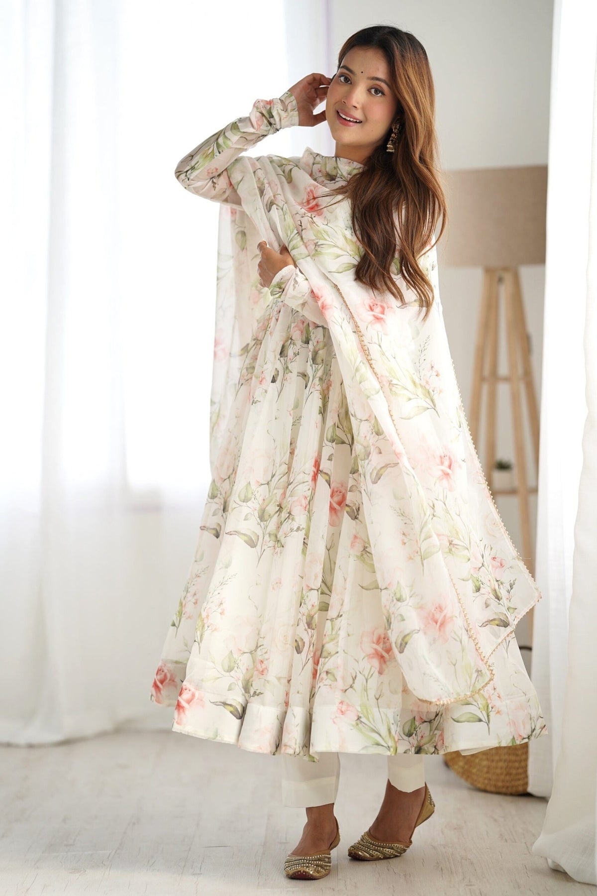 White Flower Print Organza Silk Anarkali Suit Set