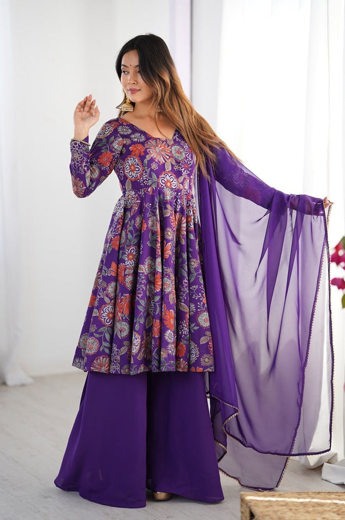 Premium Purple Floral Printed Chanderi Silk Kediya