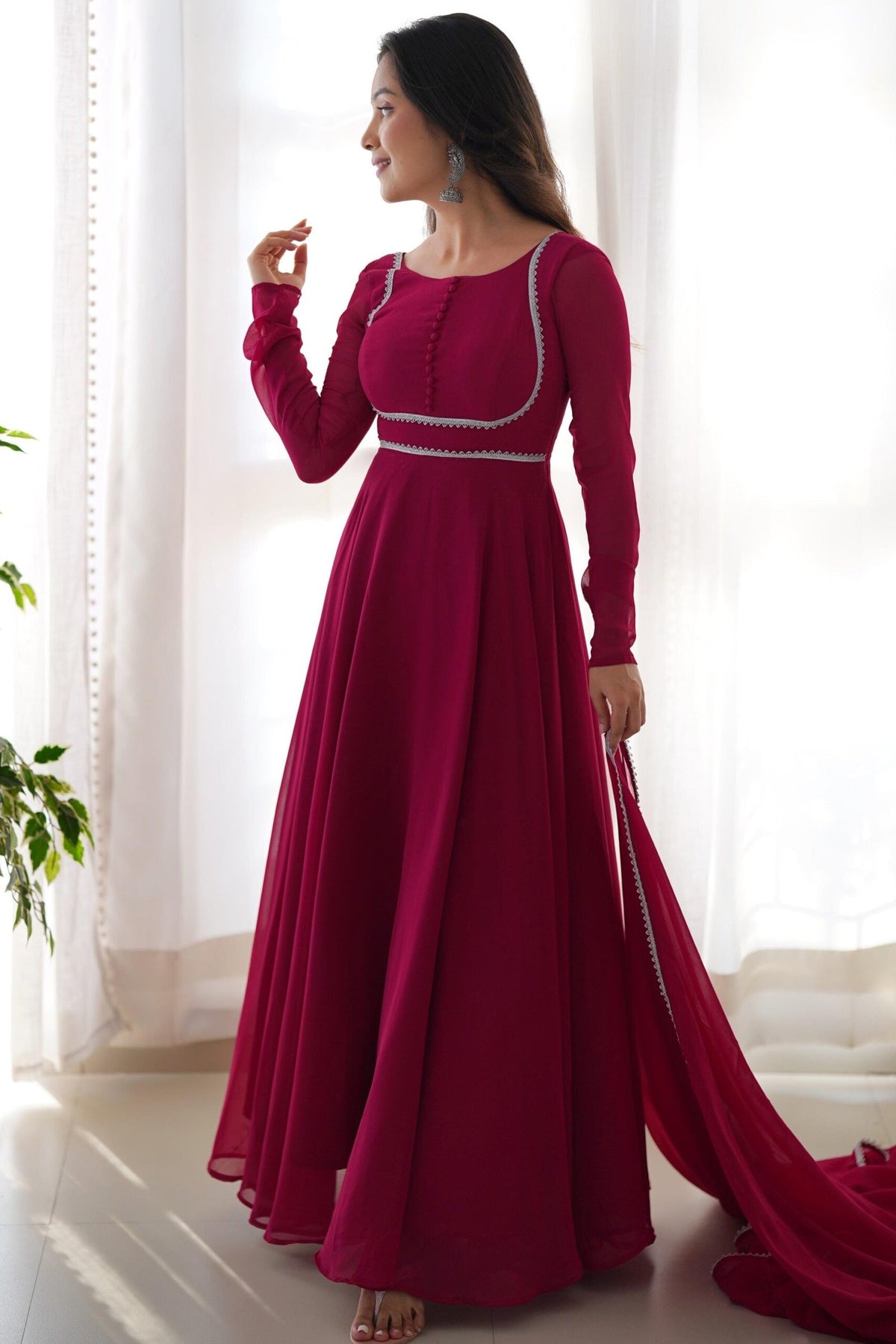 Wine Color Designer Yoke Neck Gown