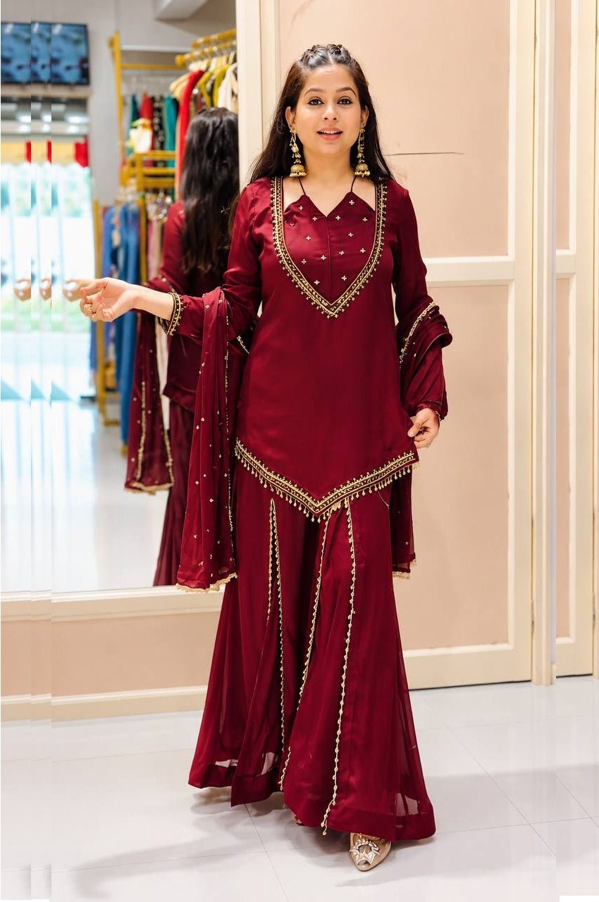Ruby Red Roman Glass Mirror Work Kurta Palazzo Set