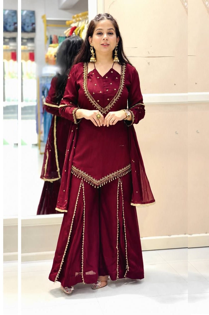 Ruby Red Roman Glass Mirror Work Kurta Palazzo Set