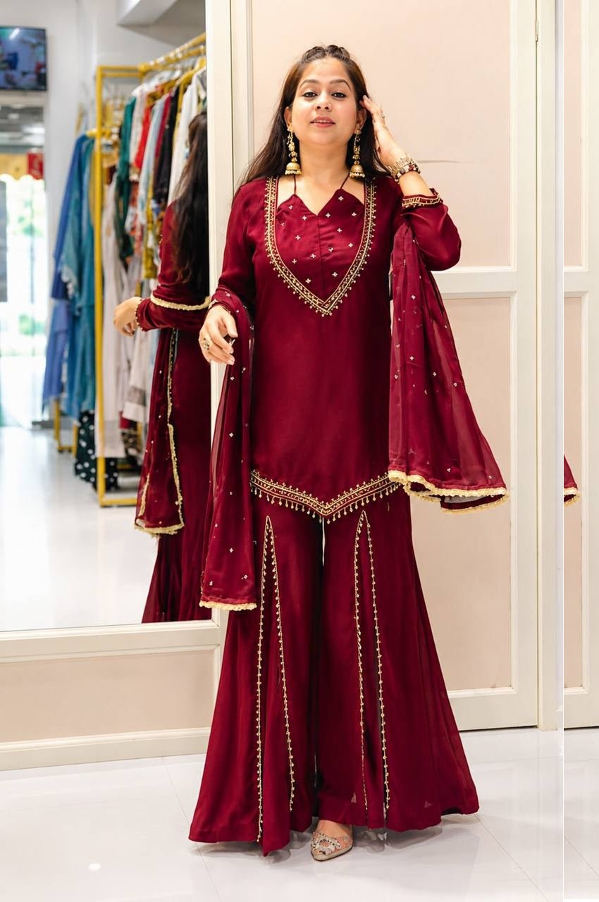 Ruby Red Roman Glass Mirror Work Kurta Palazzo Set