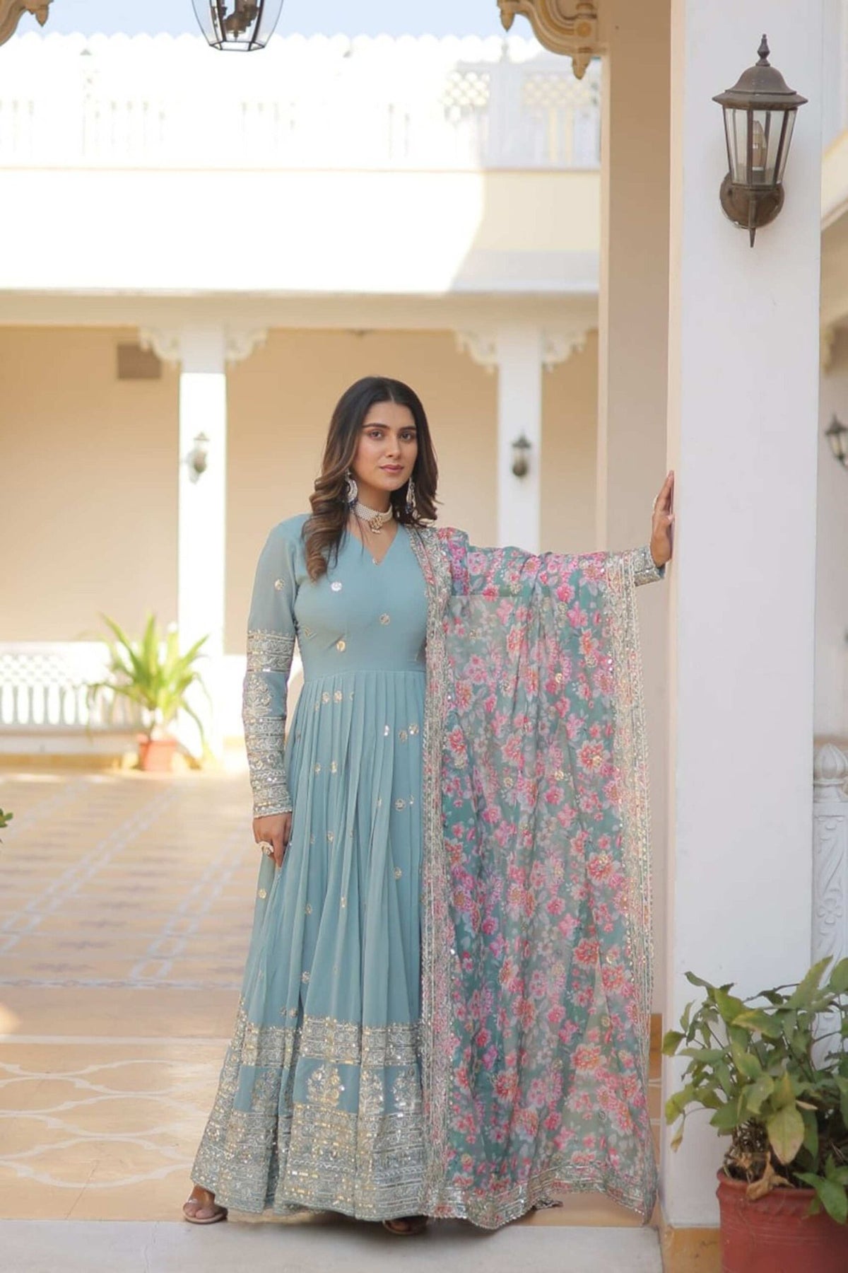 Sky Blue Heavy Embroidery Work Gown