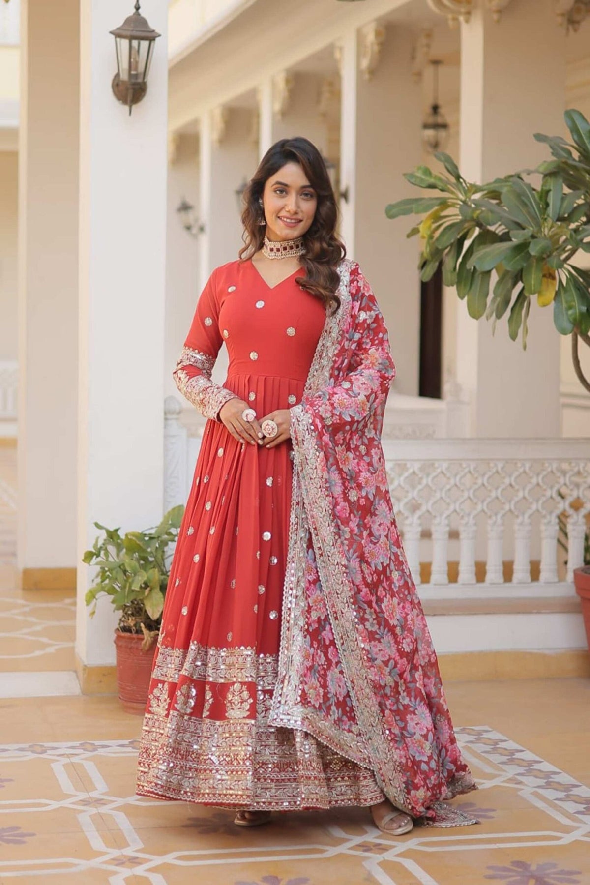 Orange Heavy Embroidery Work Gown