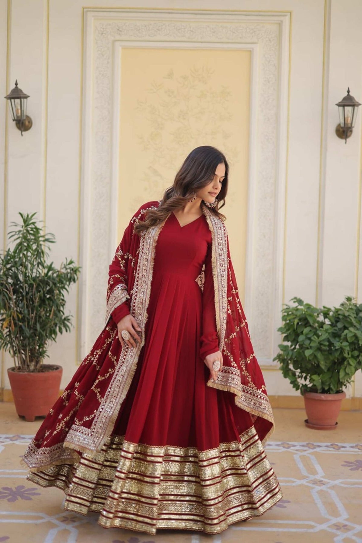Luxurious Maroon Heavy Designer Gown