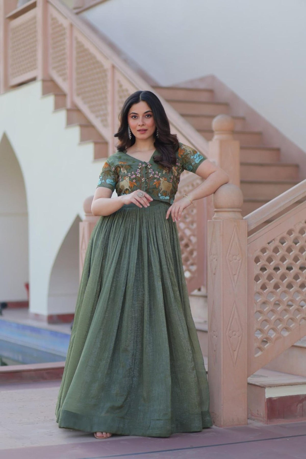 Metal Green Jacket Style South Indian Gown