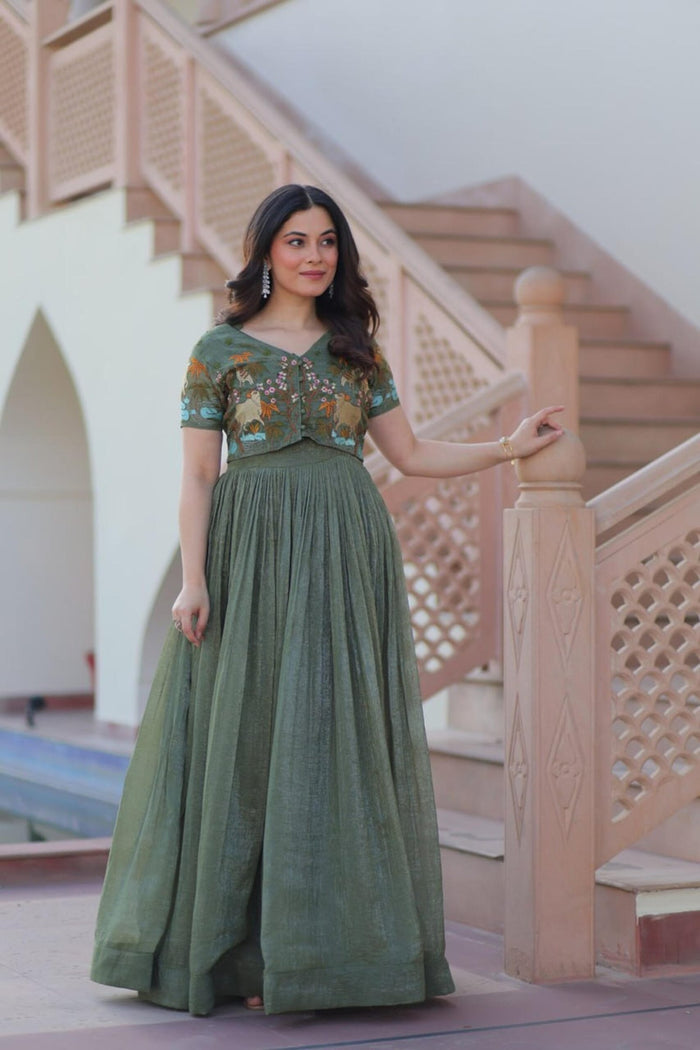 Metal Green Jacket Style South Indian Gown