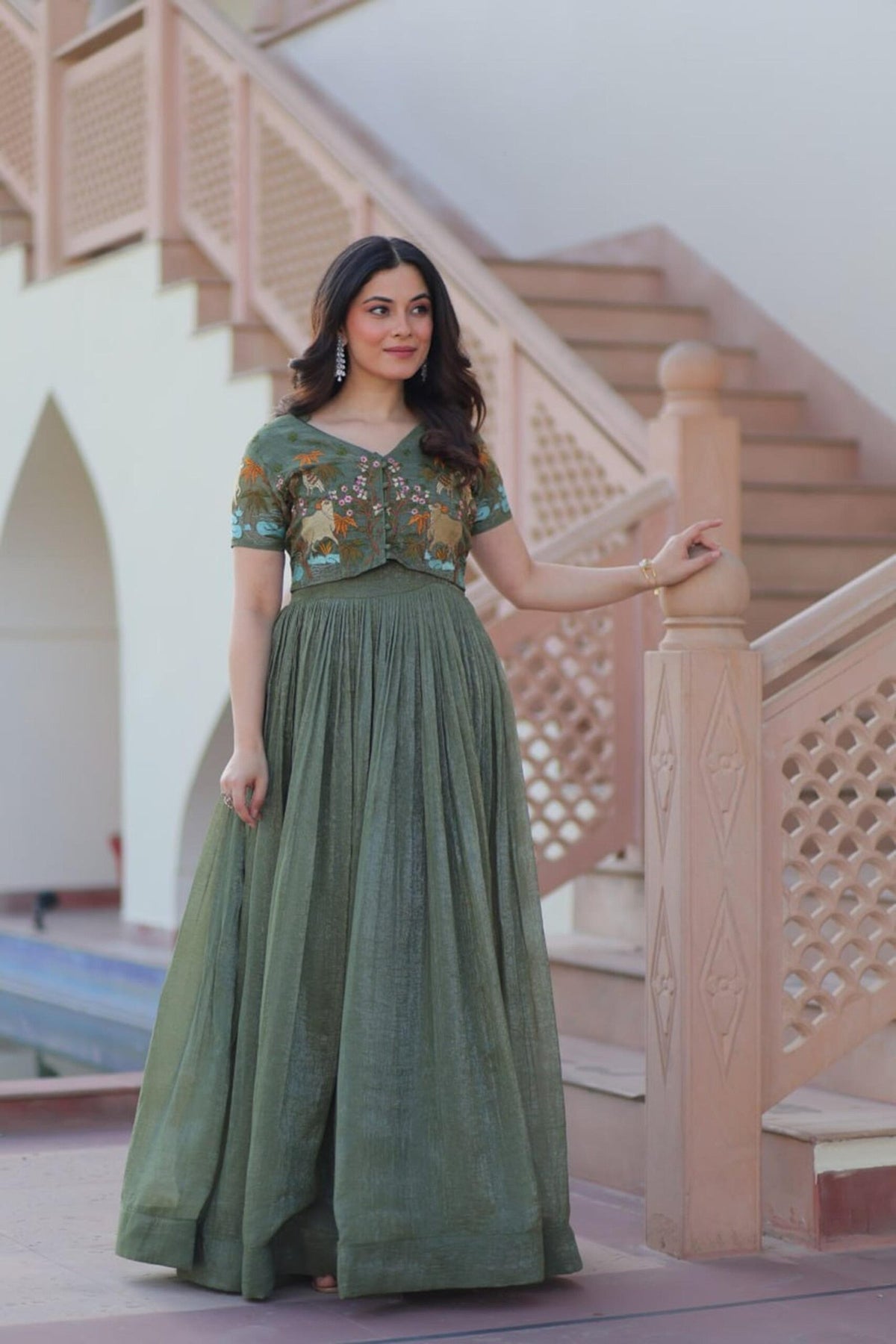 Metal Green Jacket Style South Indian Gown