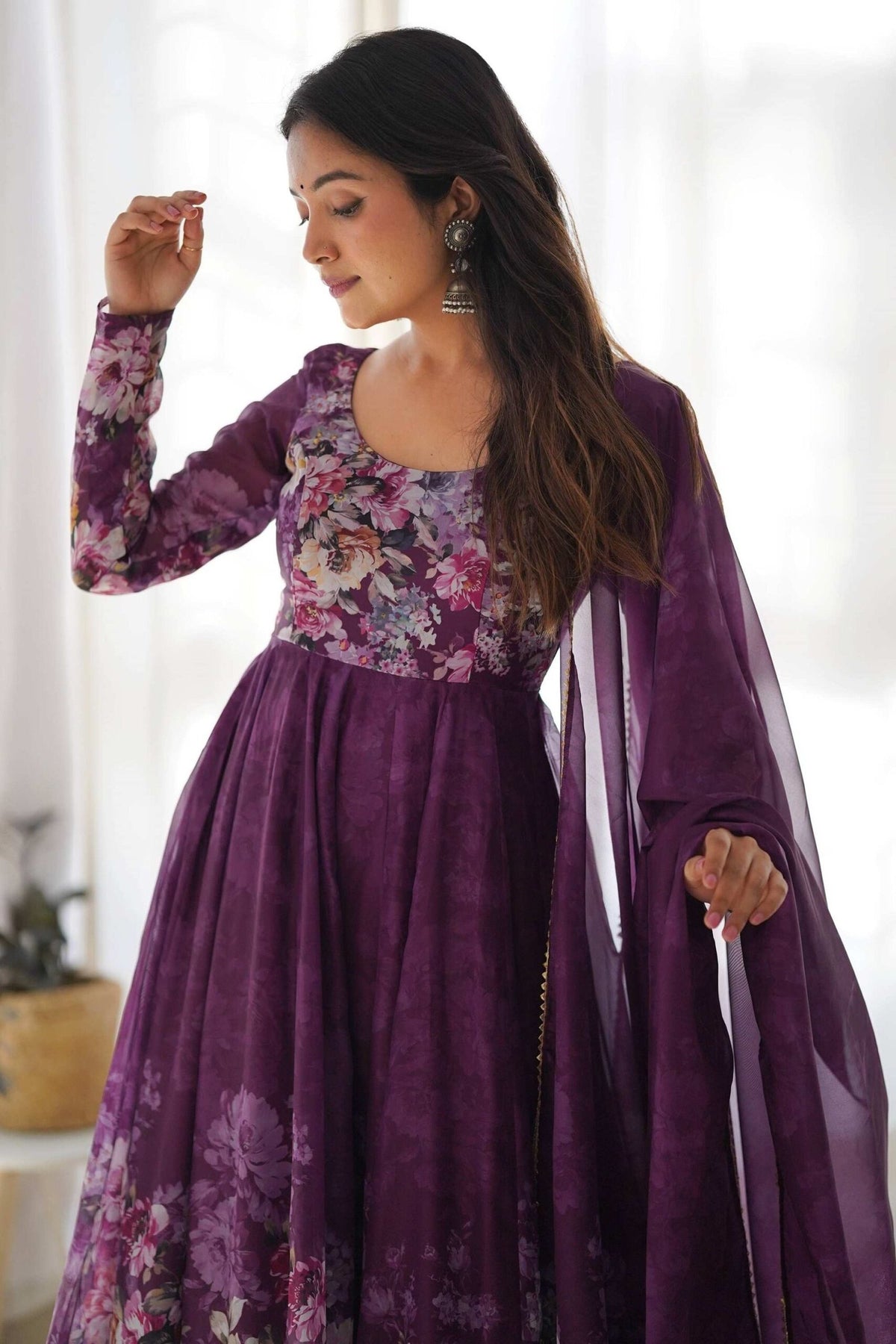 Trendy Wine Floral Printed Anarkali Suit Set