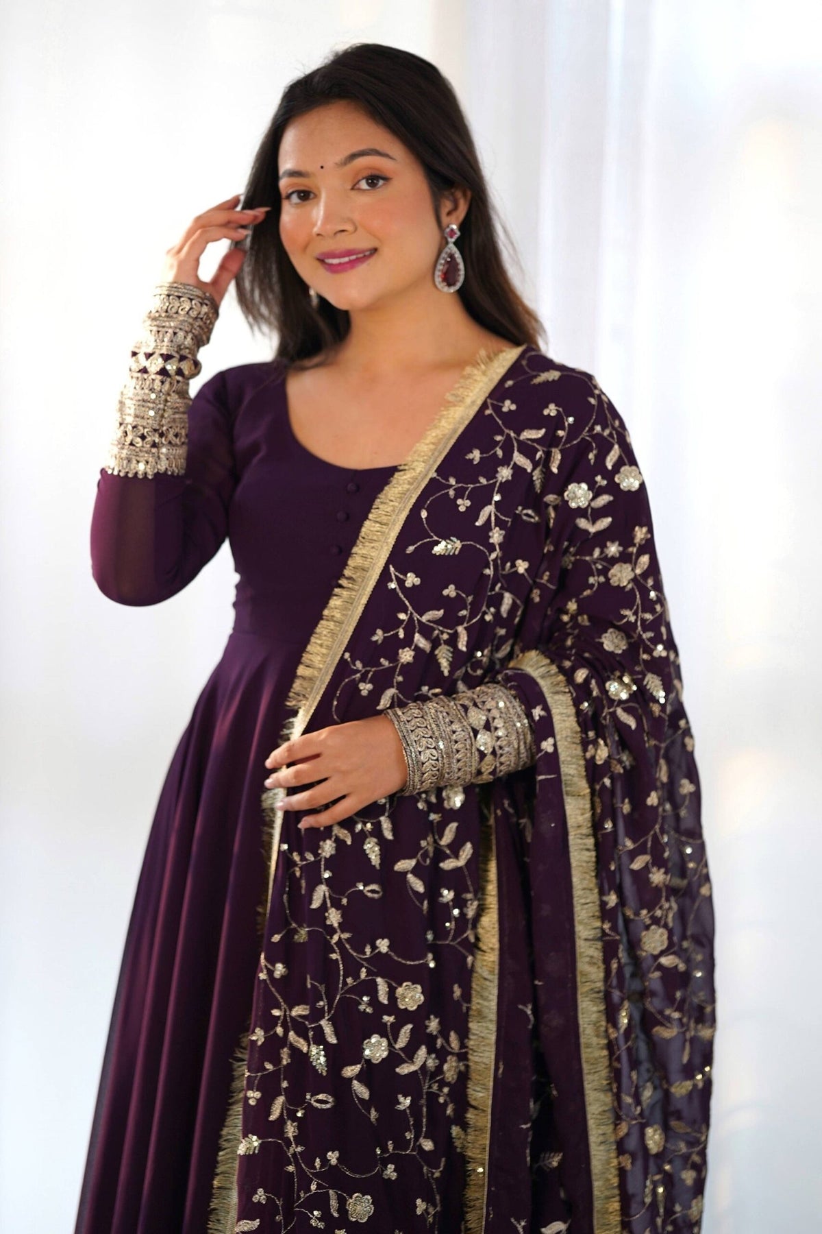 Elegant Wine Georgette Gown Set