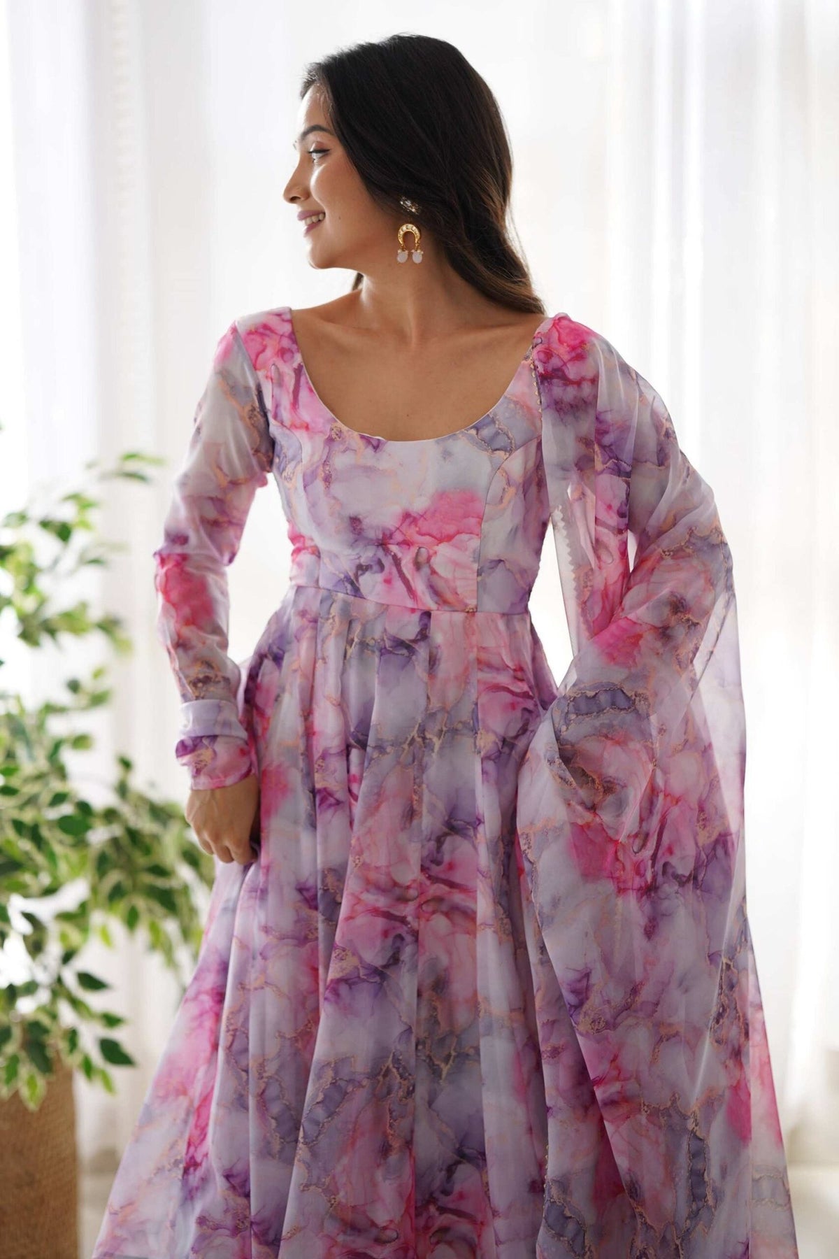 Pink Organza Floral Print Anarkali Suit