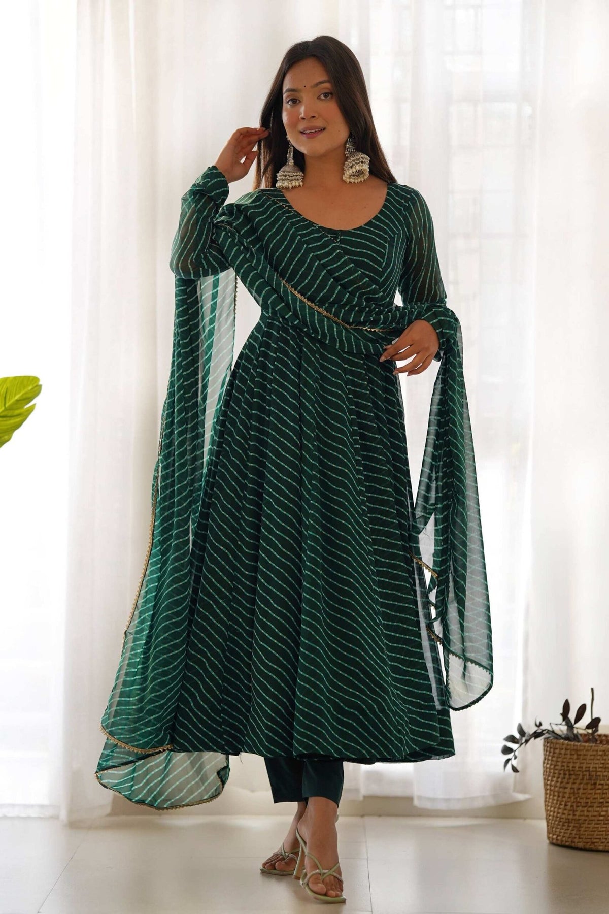 Exquisite Bottle Green Laheriya Print Georgette Anarkali Suit