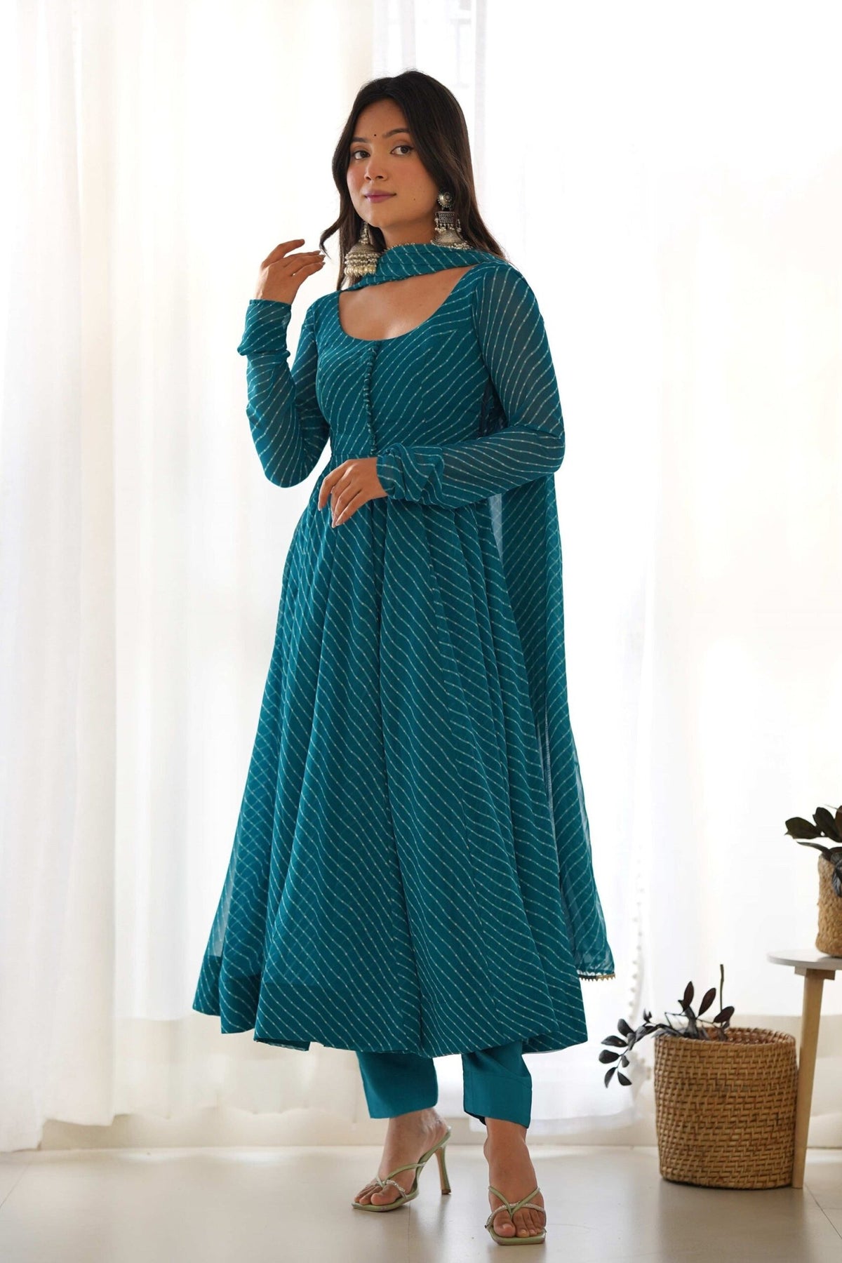 Alluring Rama Lehriya Anarkali Suit