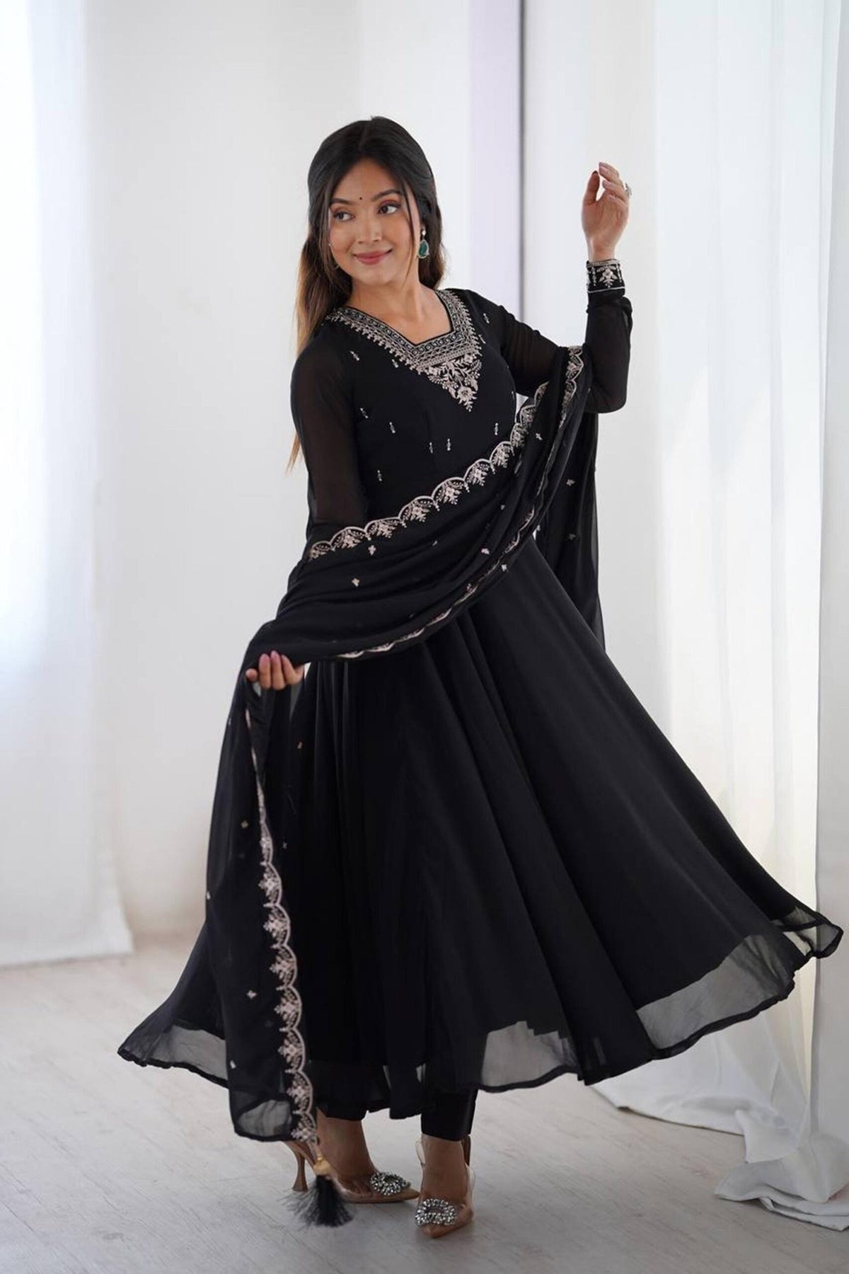 Black Georgette Embroidered Anarkali Suit Set