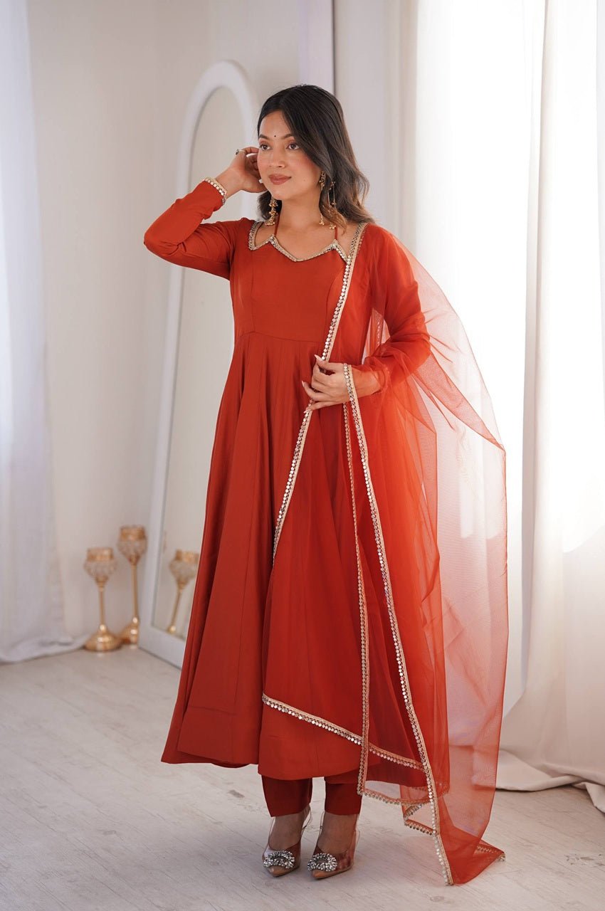 Rust Orange Roman Silk Chanderi Anarkali Suit