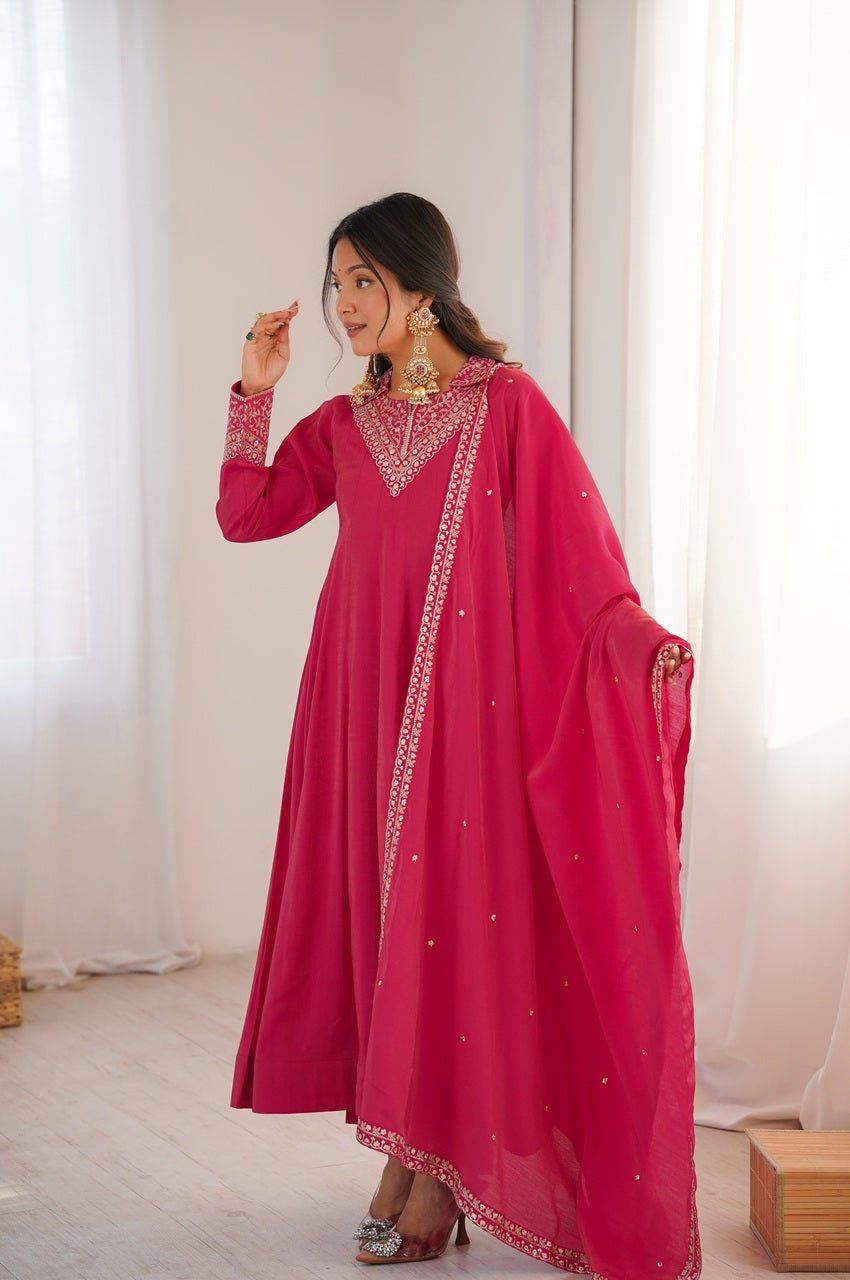Rani Pink Roman Shimmer Silk Anarkali Set