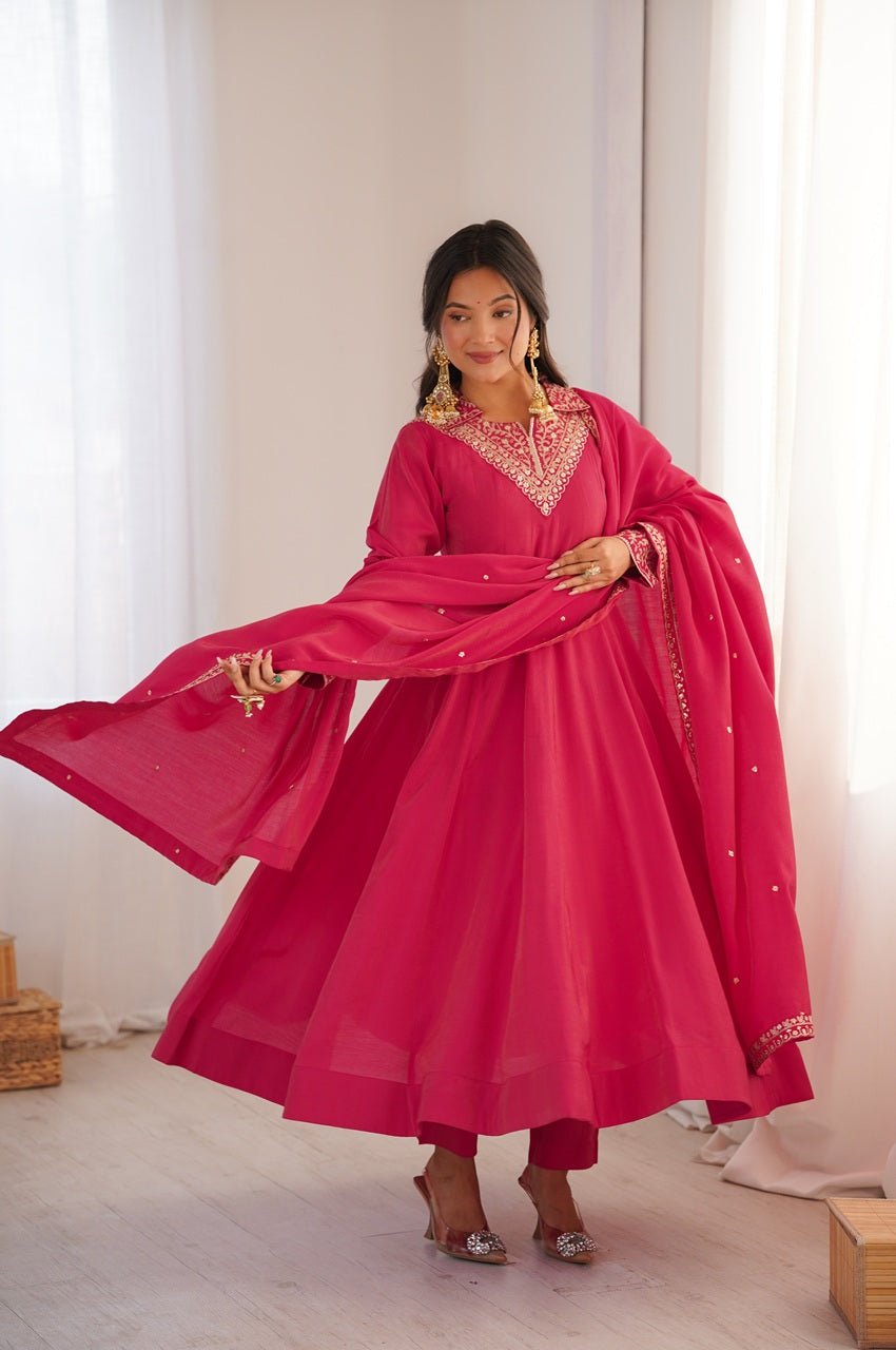 Rani Pink Roman Shimmer Silk Anarkali Set