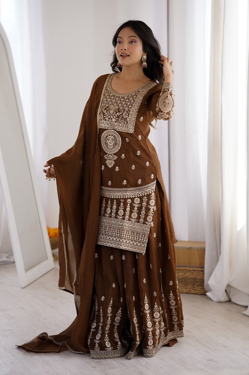 Brown Crunchy Silk Sharara Suit
