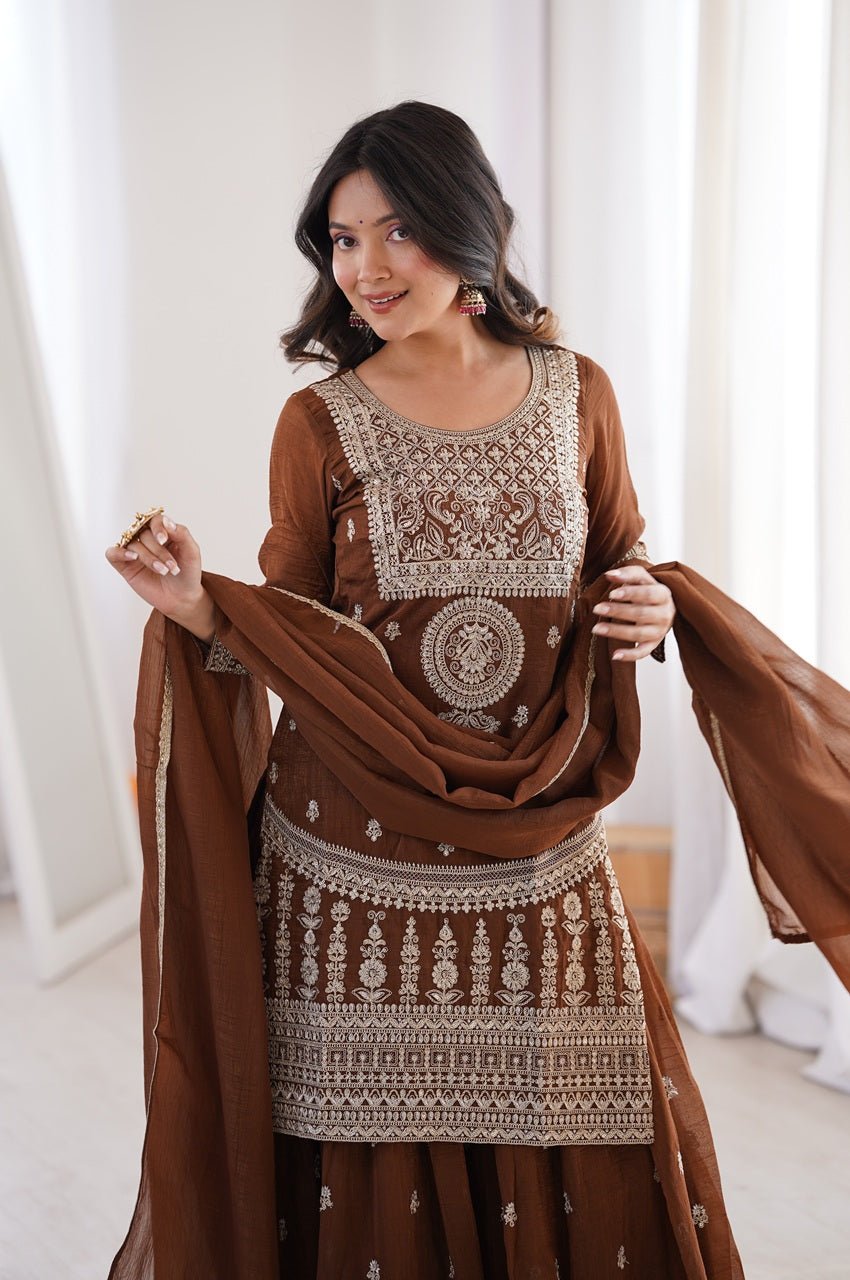 Brown Crunchy Silk Sharara Suit