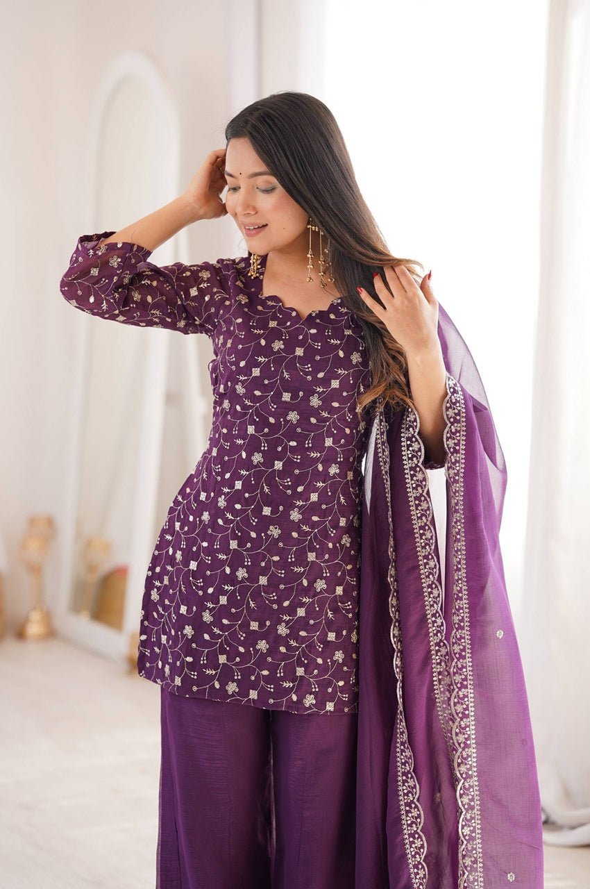 Wine Crunchy Silk Embroidered Kurta Set