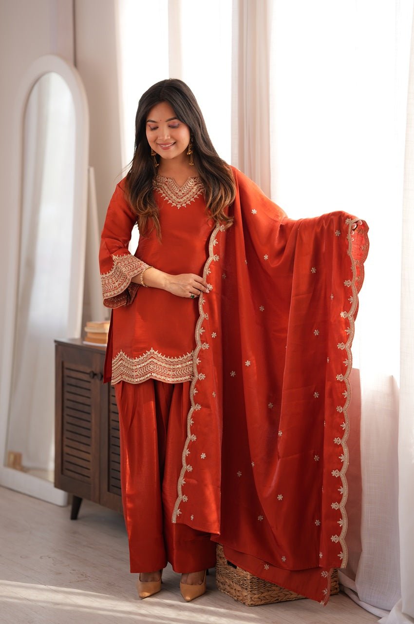 Rust Orange Glass Roman Silk Kurti Set