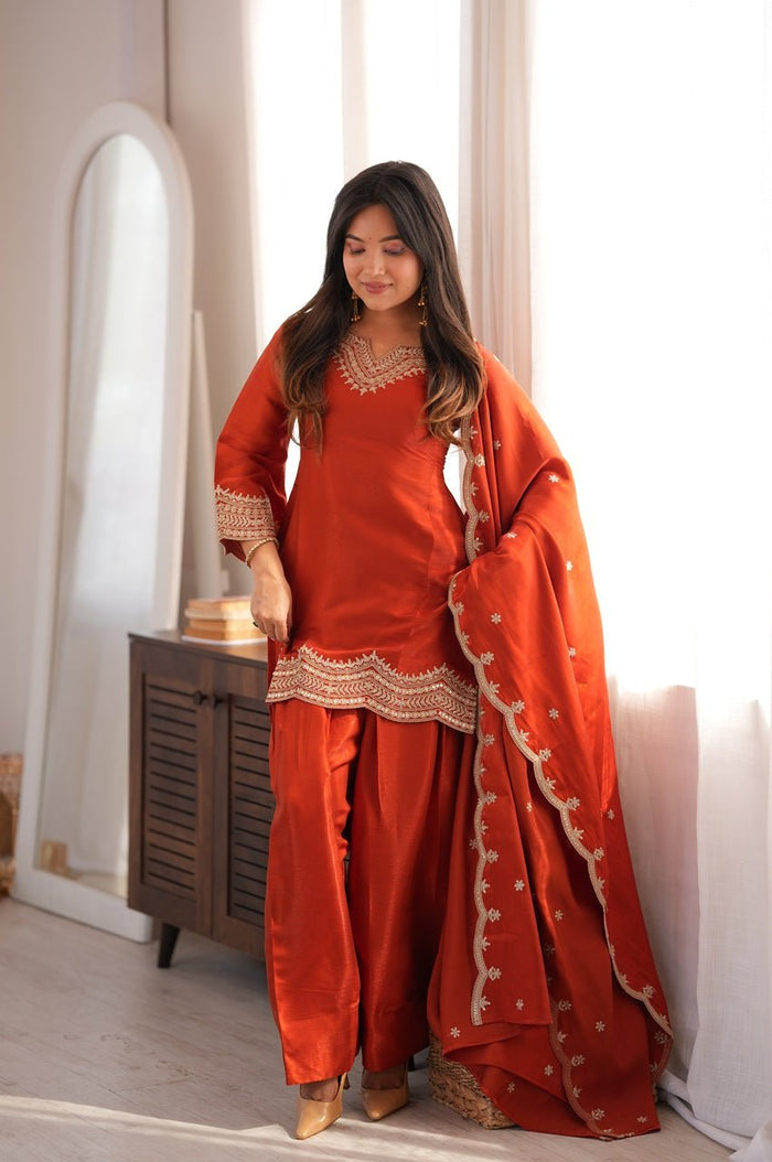 Rust Orange Glass Roman Silk Kurti Set