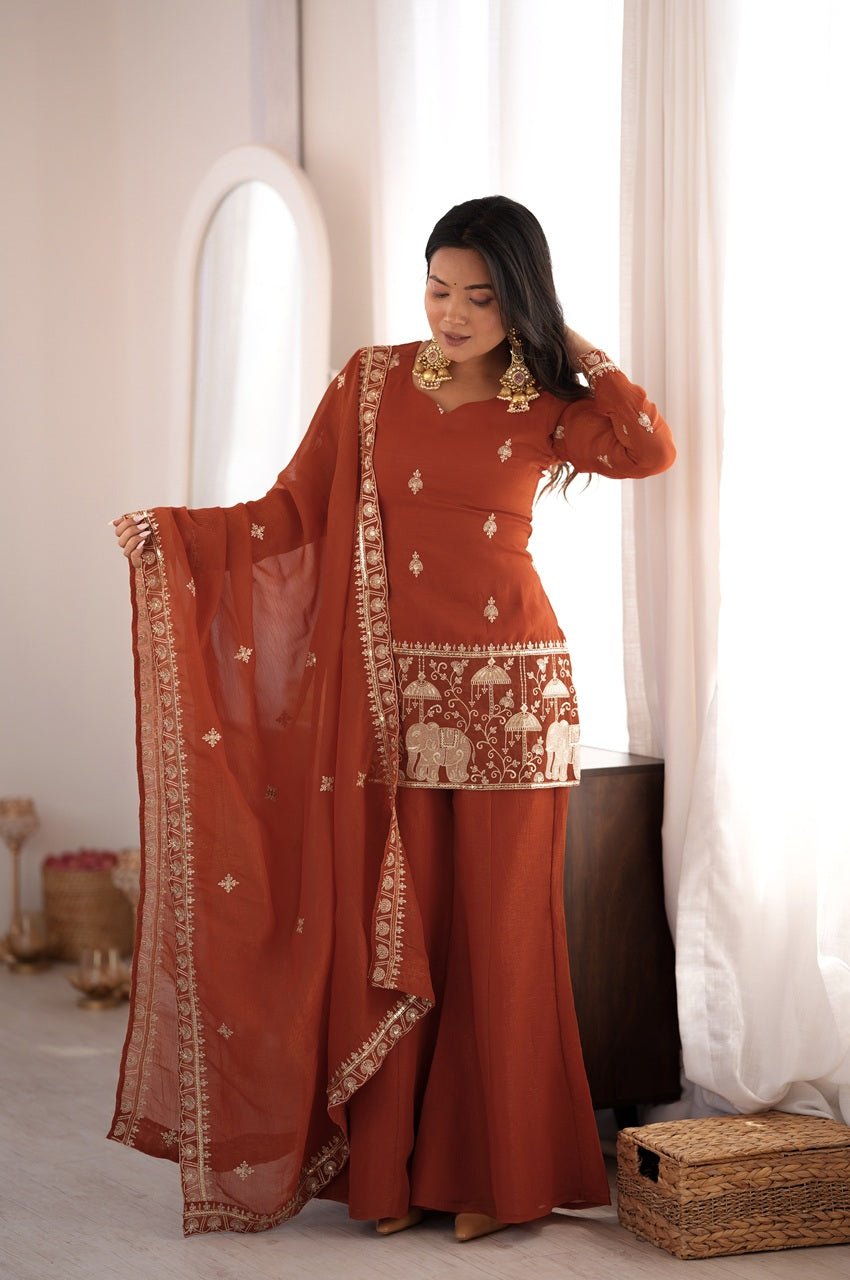 Rust Orange Crunchy Silk Kurti Set