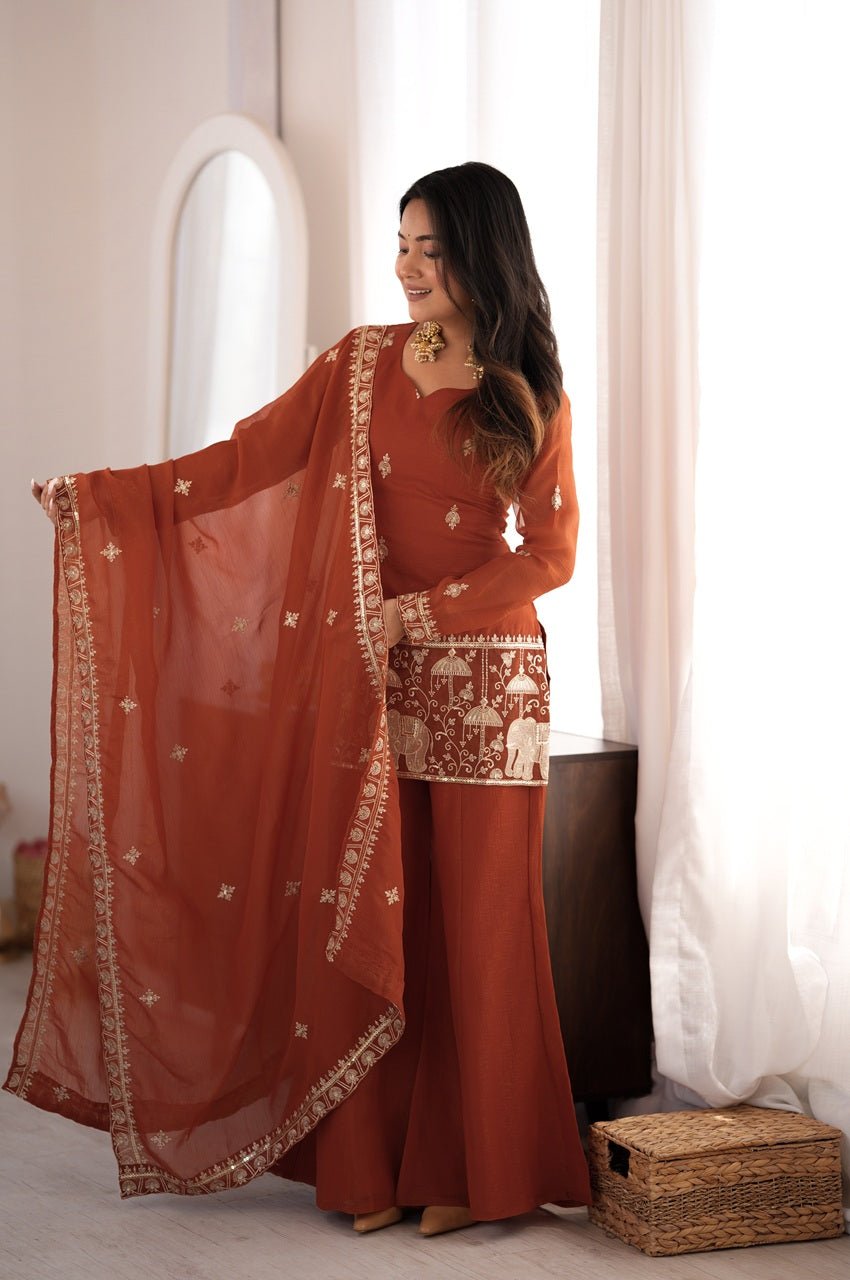 Rust Orange Crunchy Silk Kurti Set