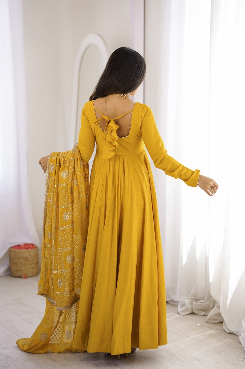 Yellow Roman Silk Chanderi 16 Kali Anarkali Suit