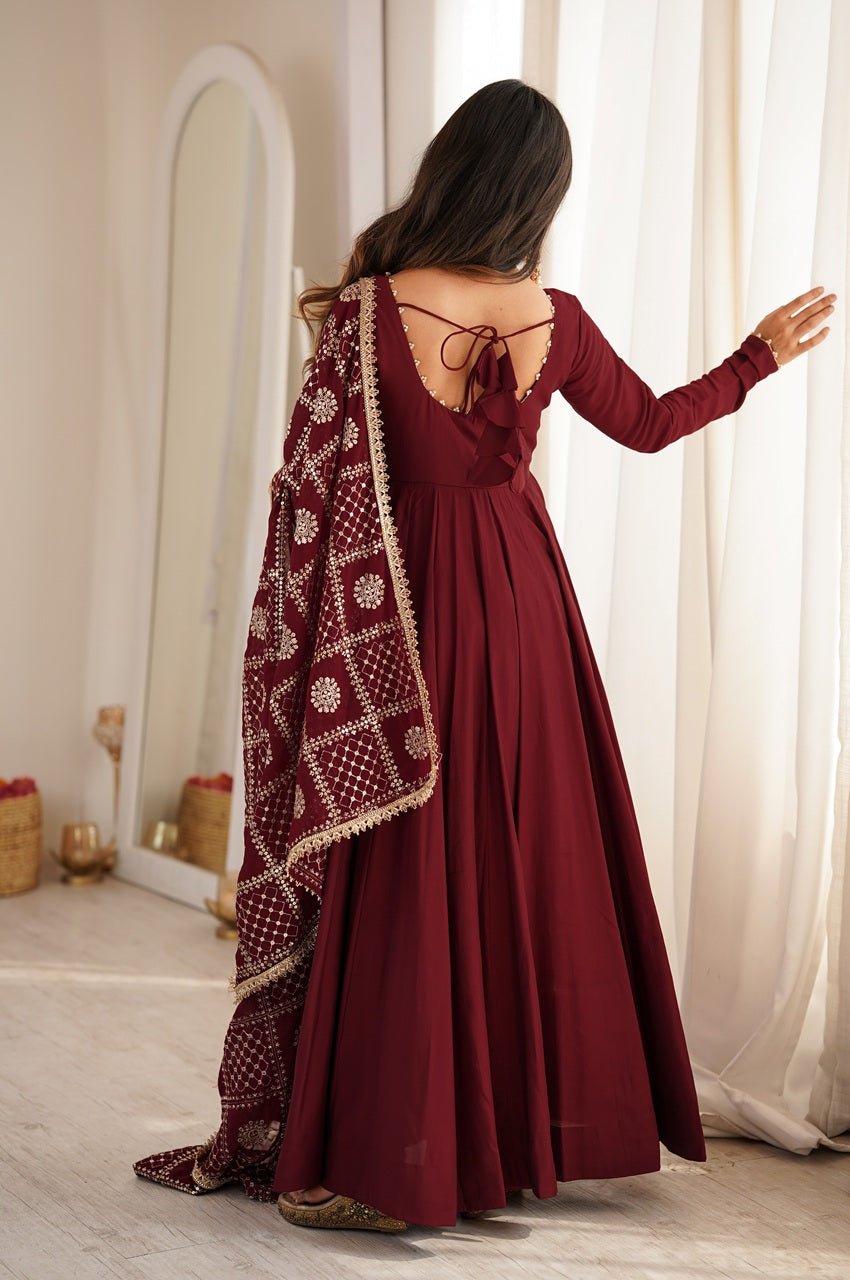 Maroon Roman Silk Chanderi 16 Kali Anarkali Suit