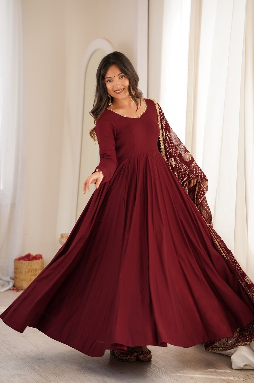 Maroon Roman Silk Chanderi 16 Kali Anarkali Suit
