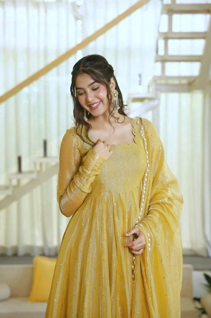 Gentle Gold Salsa Silk Foil Work Gown Set