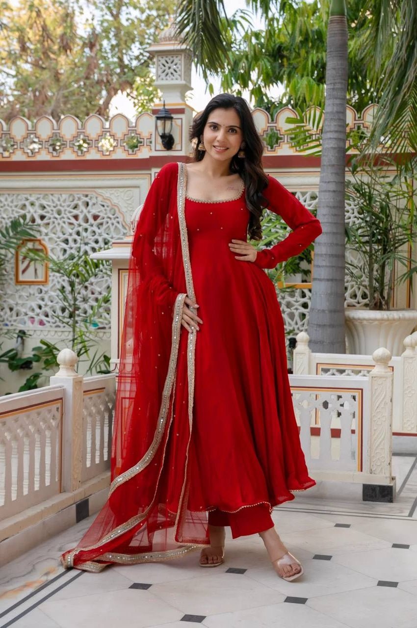 Red Faux Georgette Handwork Anarkali Suit Set