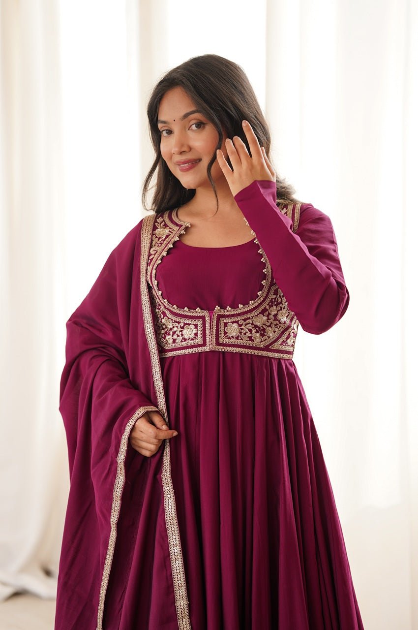 Royal Burgundy Roman Silk Chanderi Anarkali Gown