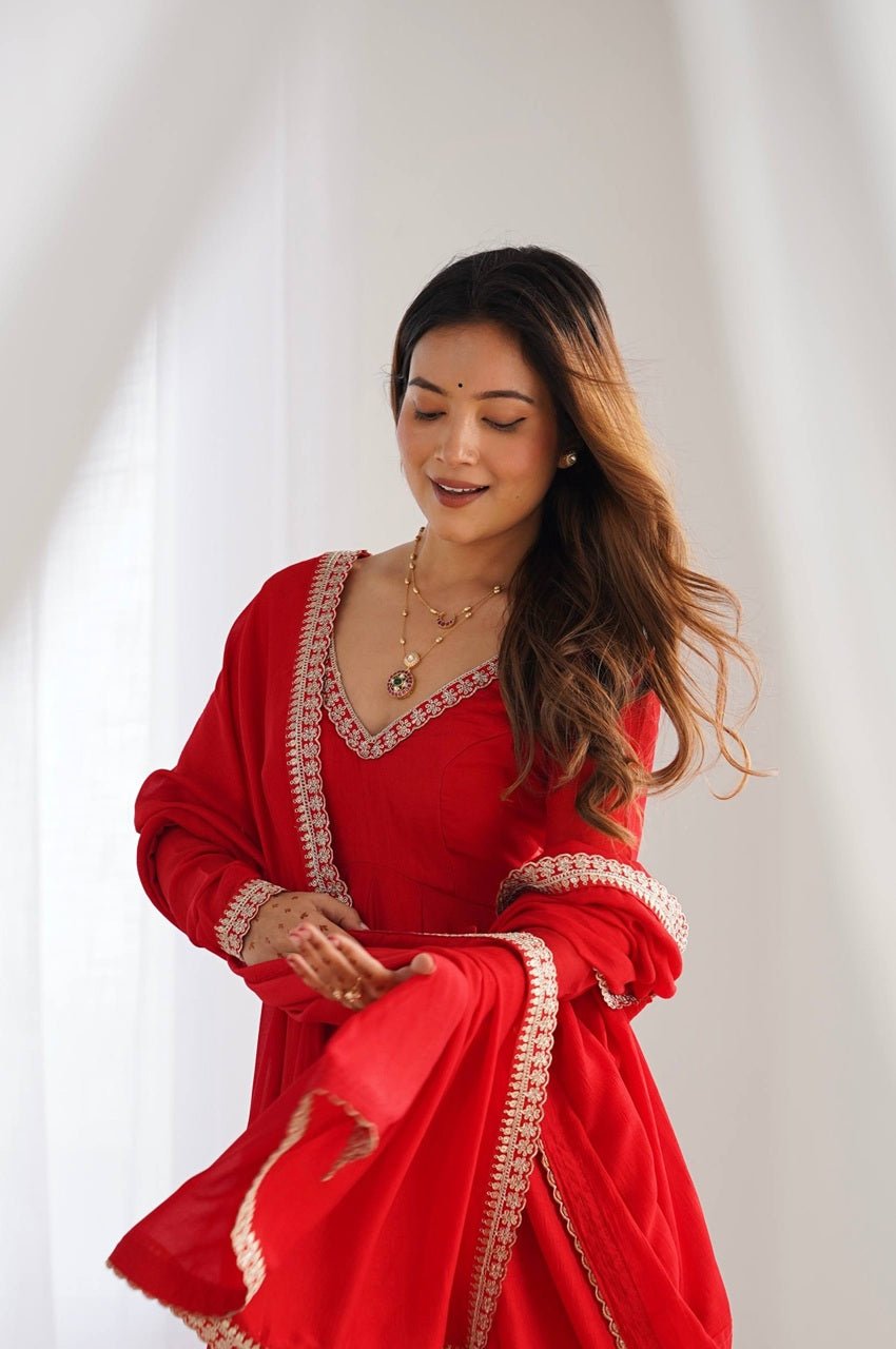 Red Blooming Vichitra Silk Embroidered Anarkali Suit