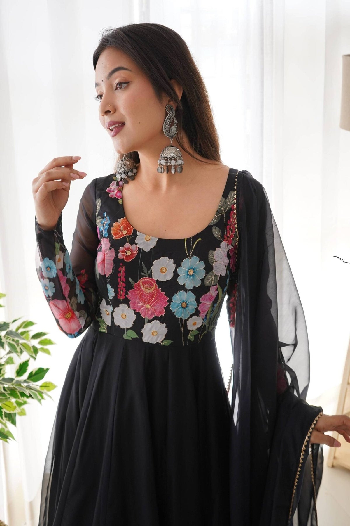 Elegant Black Floral Print Anarkali with Zari Work