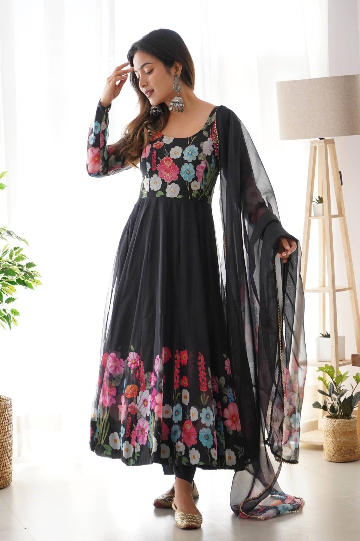 Elegant Black Floral Print Anarkali with Zari Work