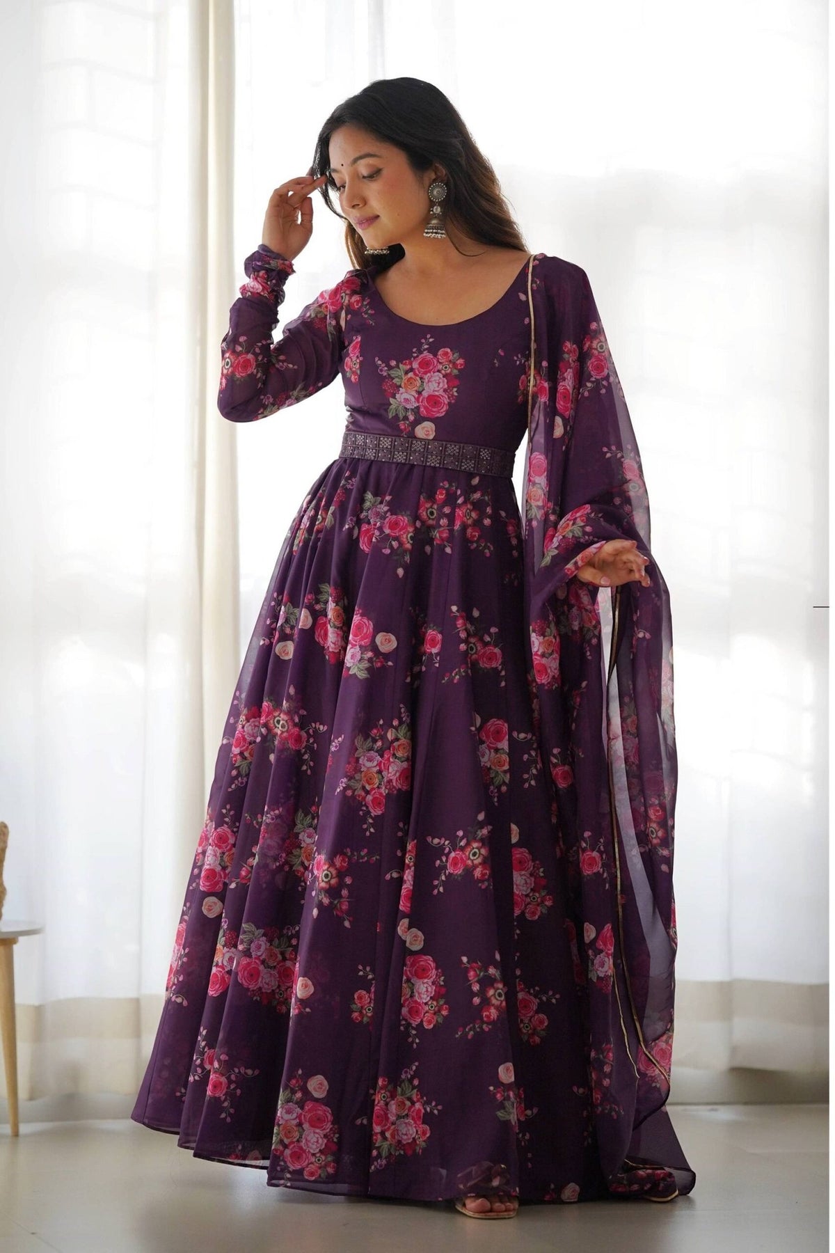 Wine Color Floral Gown