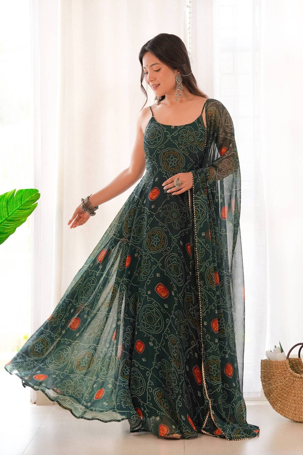 Green Bandhej Print Chiffon Gown