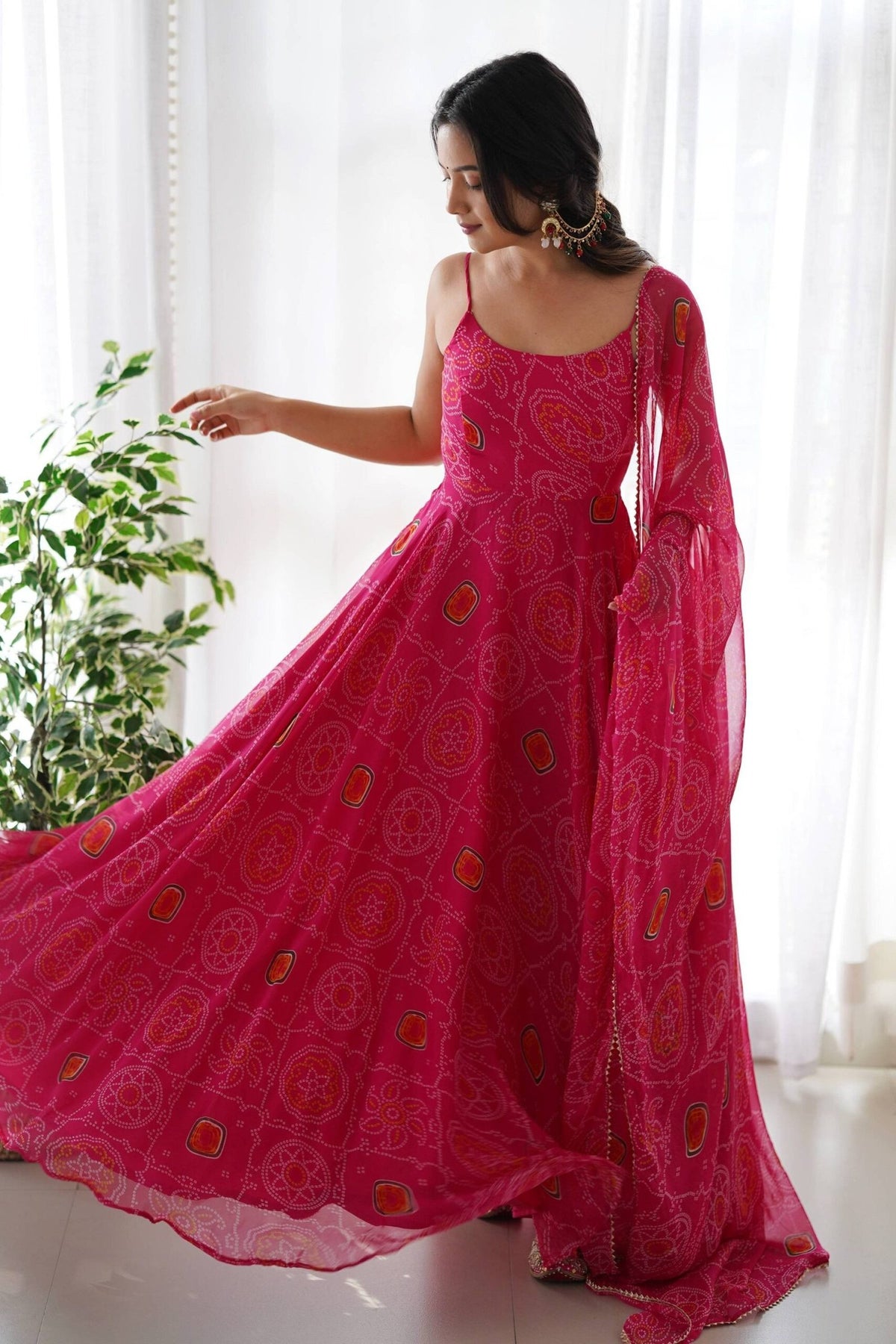 Elegant Pink Bandhej Print Chiffon Gown