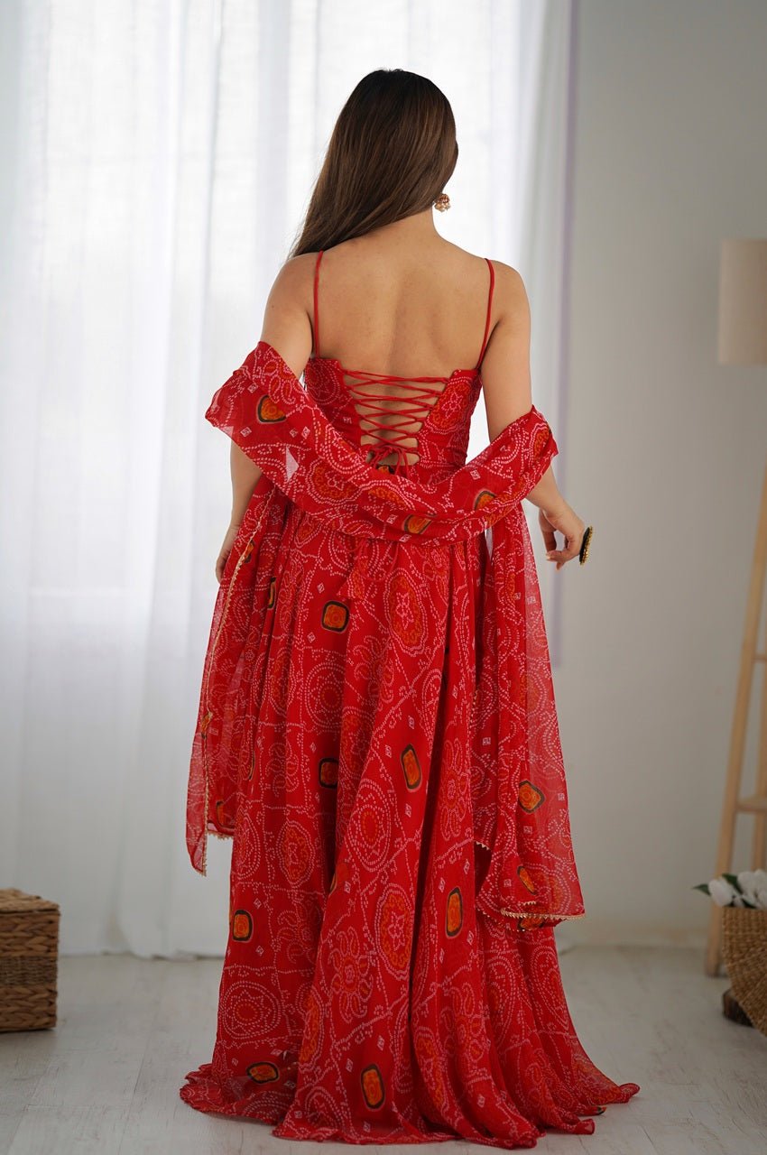 Red Bandhej Print Chiffon Anarkali Gown