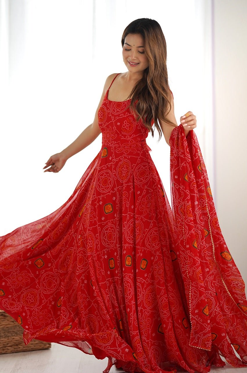 Red Bandhej Print Chiffon Anarkali Gown