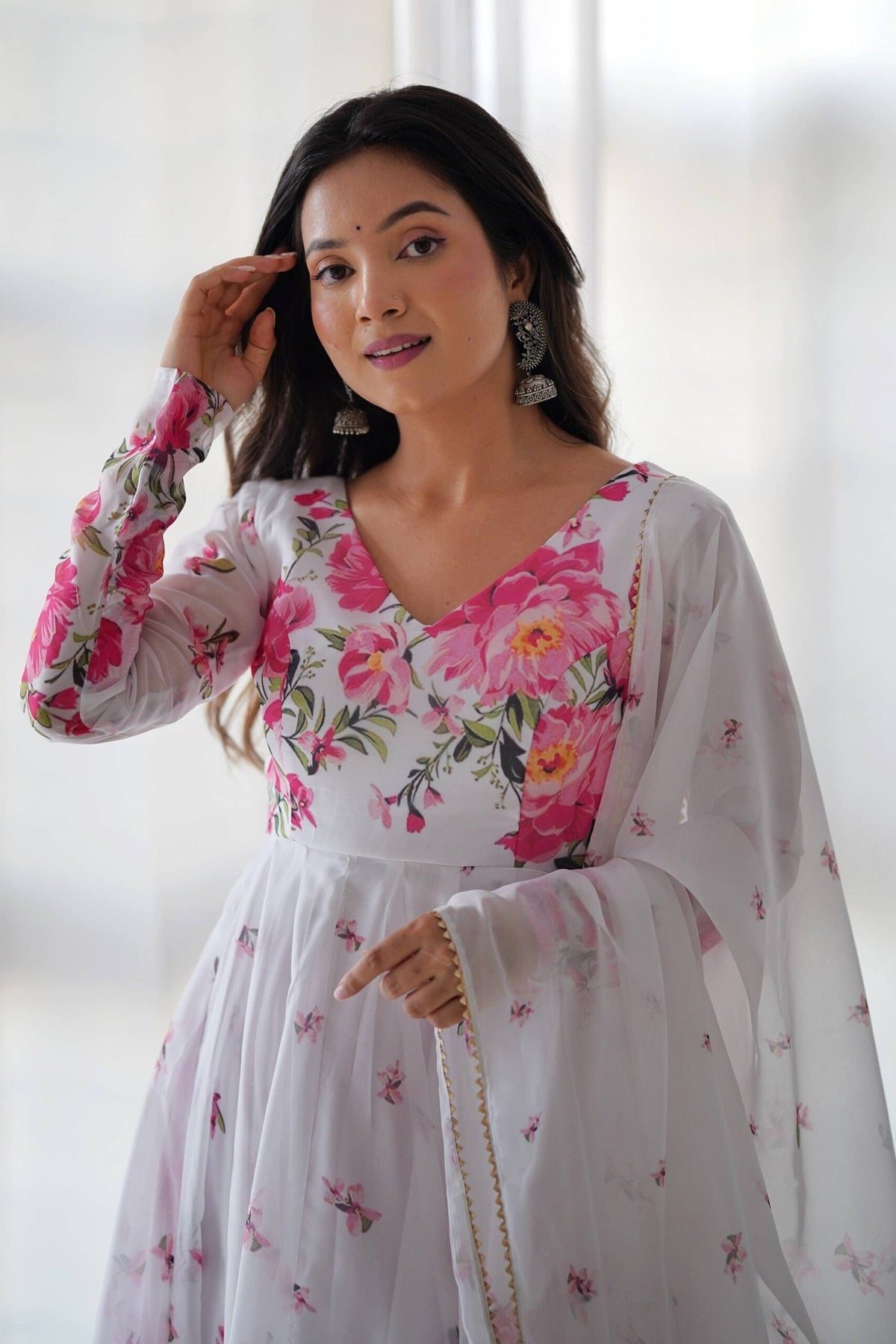 Elegant White Floral Print Anarkali Set