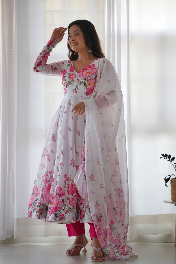 Elegant White Floral Print Anarkali Set