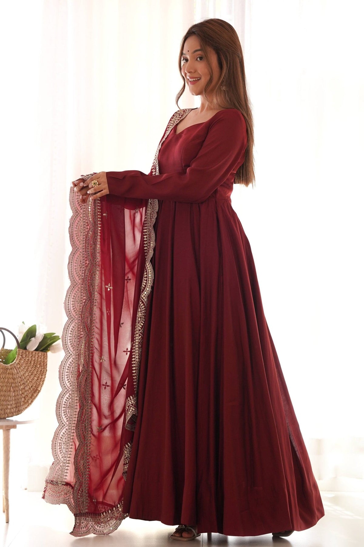 Elegant Maroon Roman Chanderi Silk Anarkali Set
