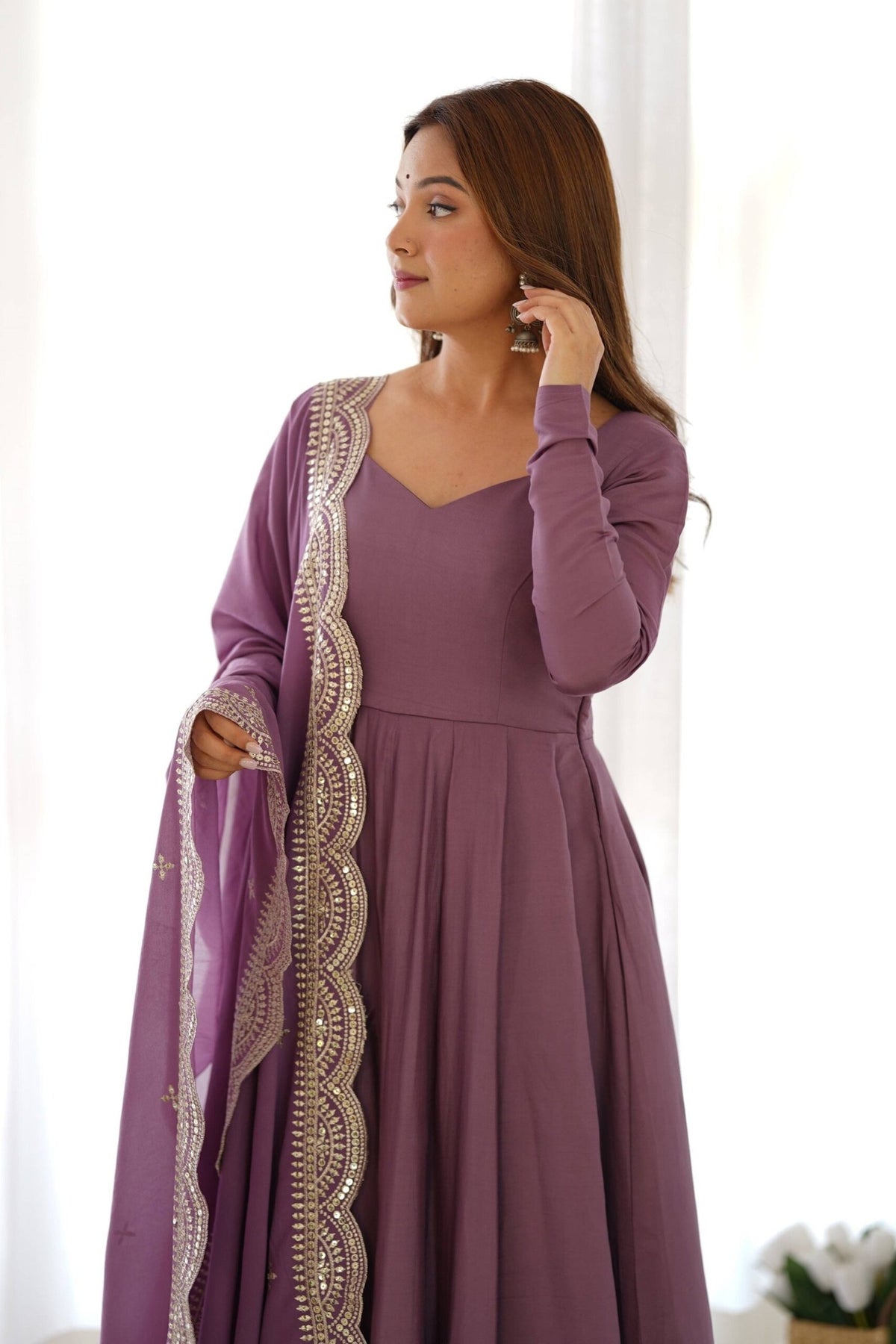 Mauve Pure Romansilk Chanderi Anarkali Suit
