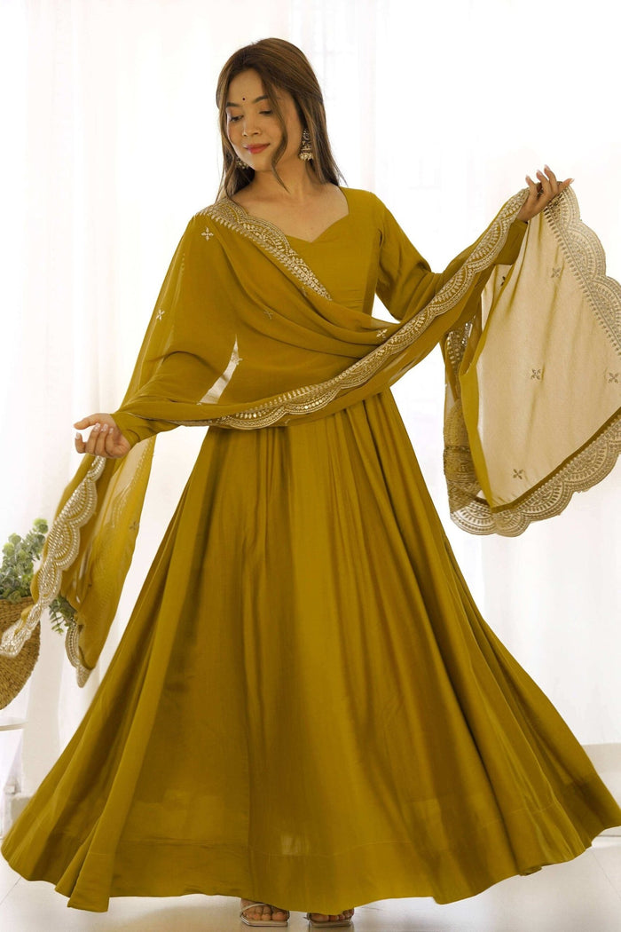 Mustard Chanderi Roman Silk Anarkali Gown